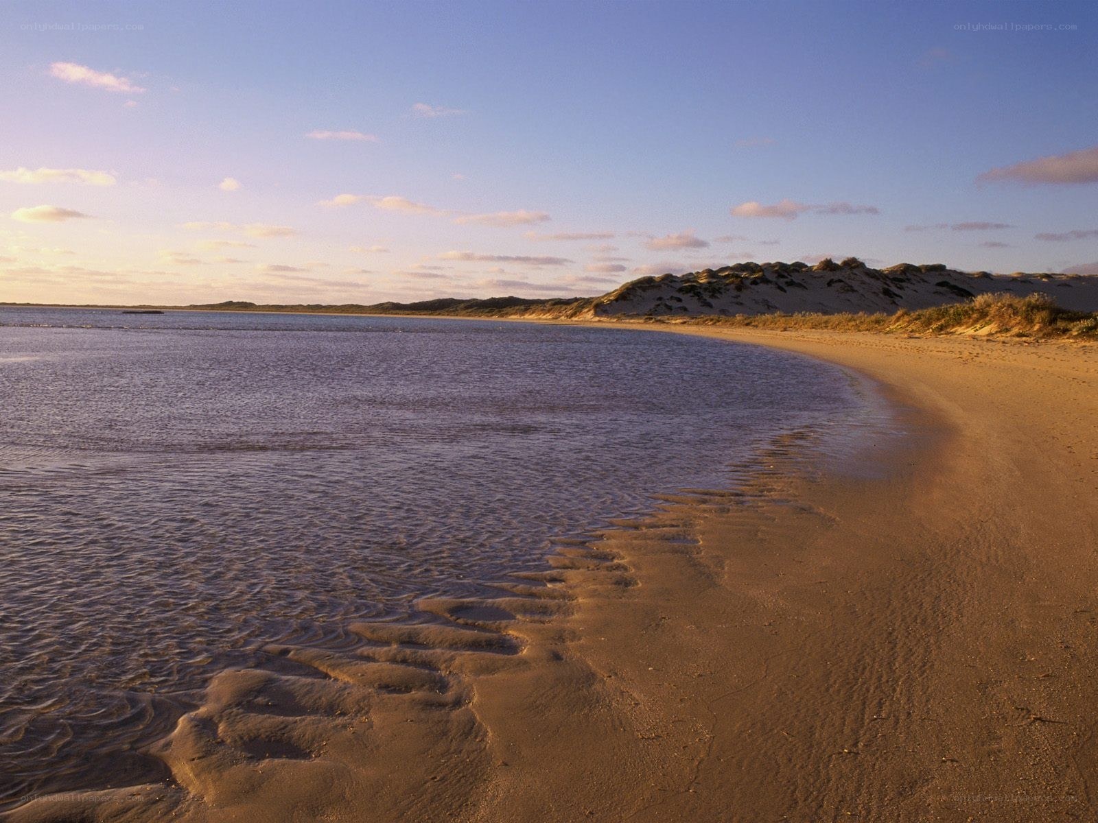 sandy beach with dunes at sunset
