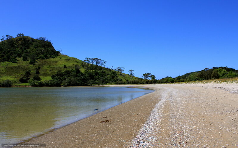 Sandy beach with green hills