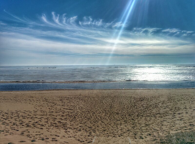 Sandy Beach with Ocean — Blue, Serene, Afternoon, Photograph