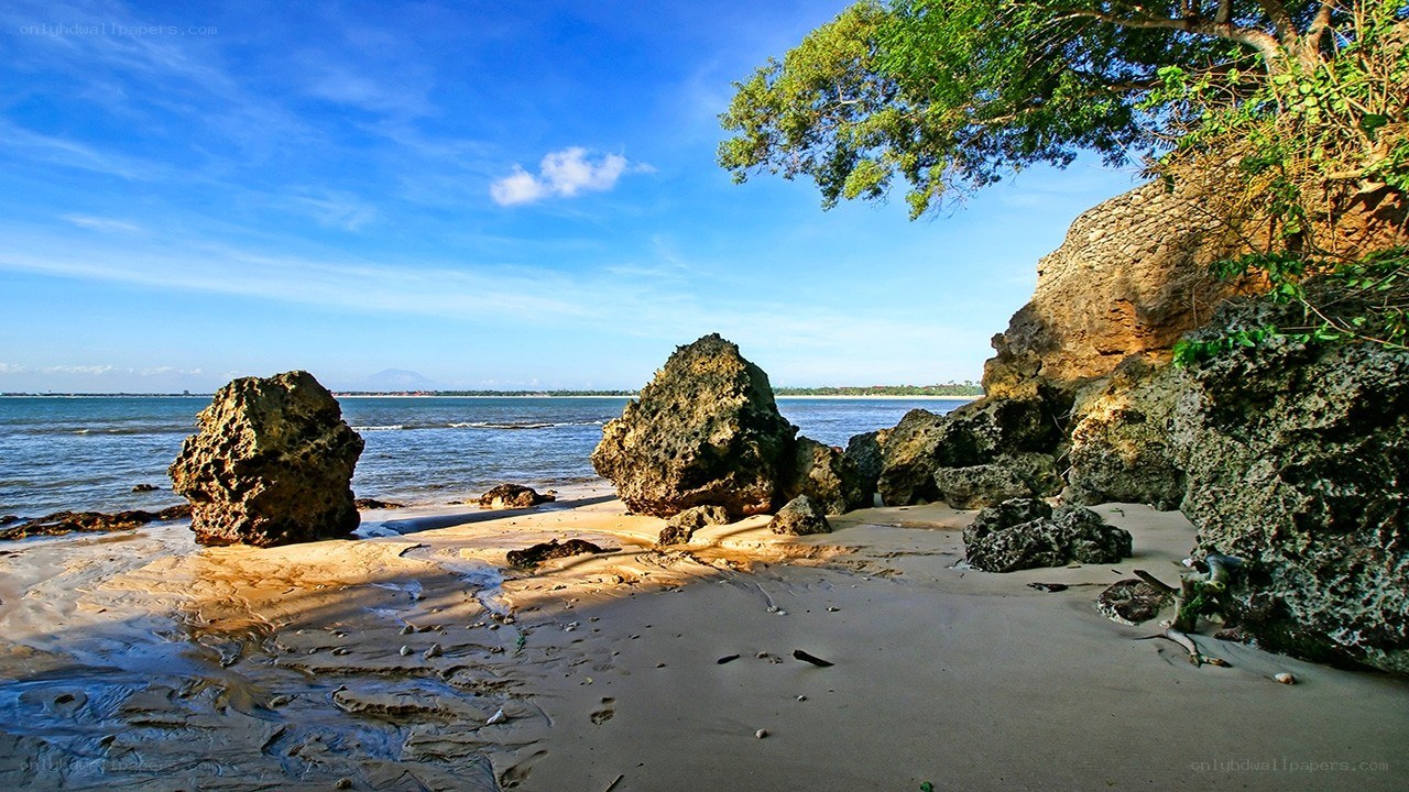 Sandy beach with rocks and sea