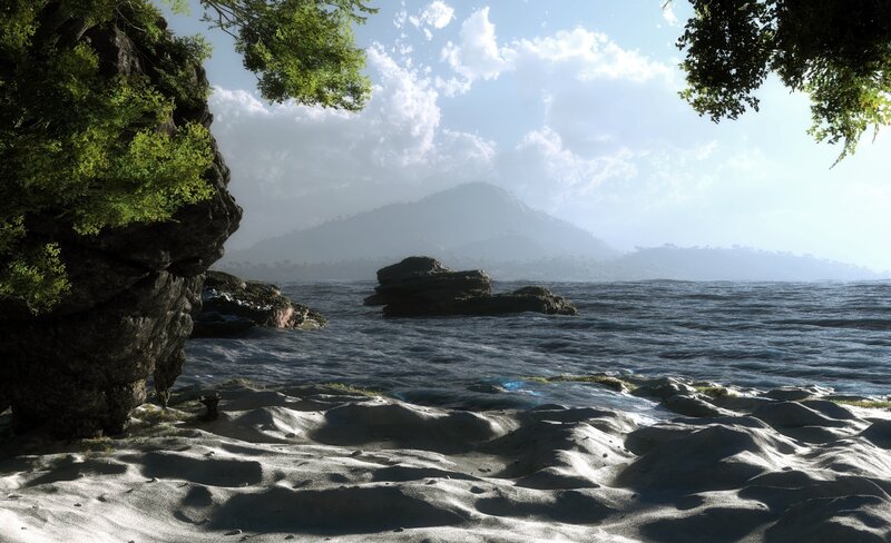 Sandy Beach with Rocks — Blue, Serene, Afternoon, 3d Render