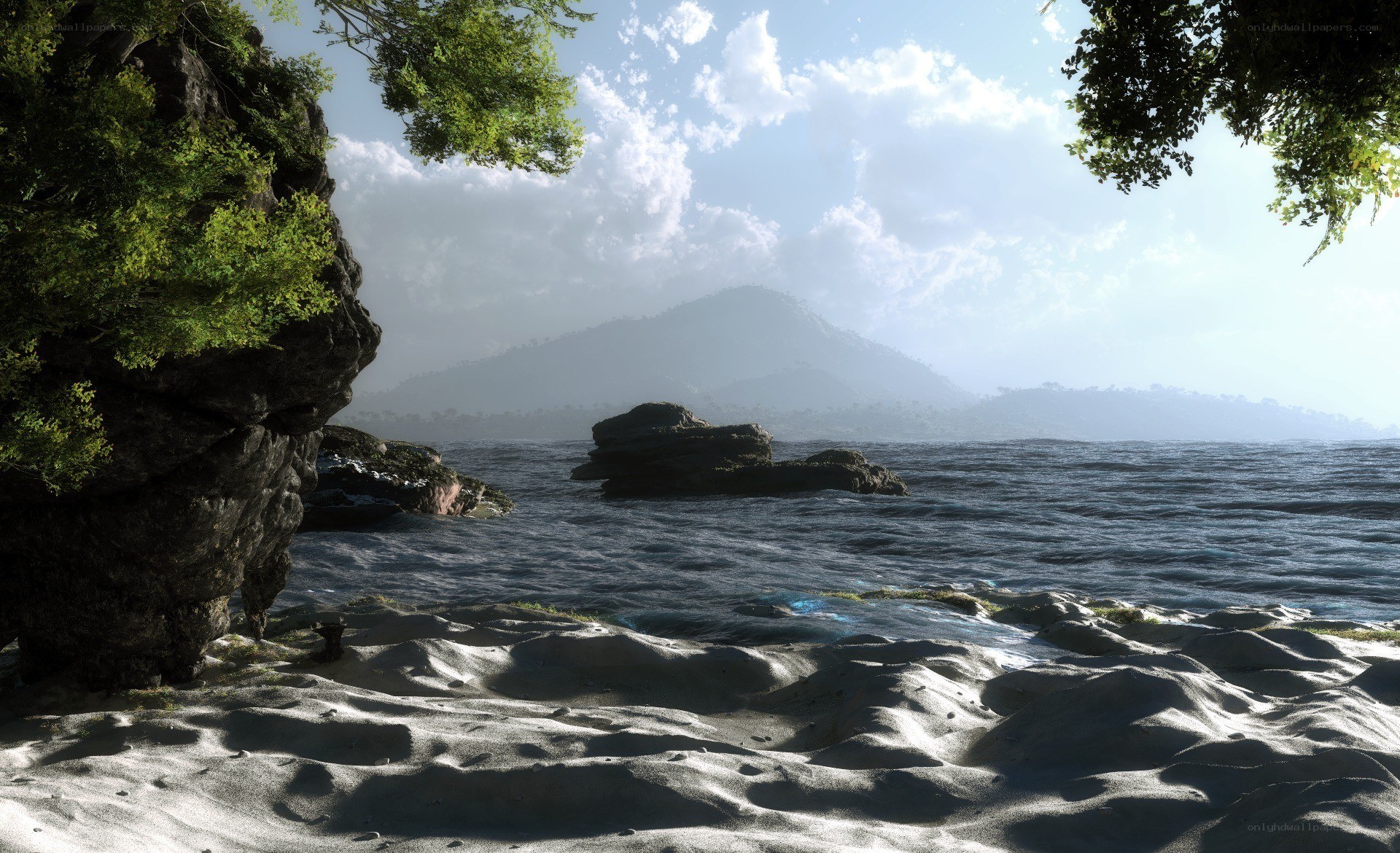 Sandy beach with rocky shore