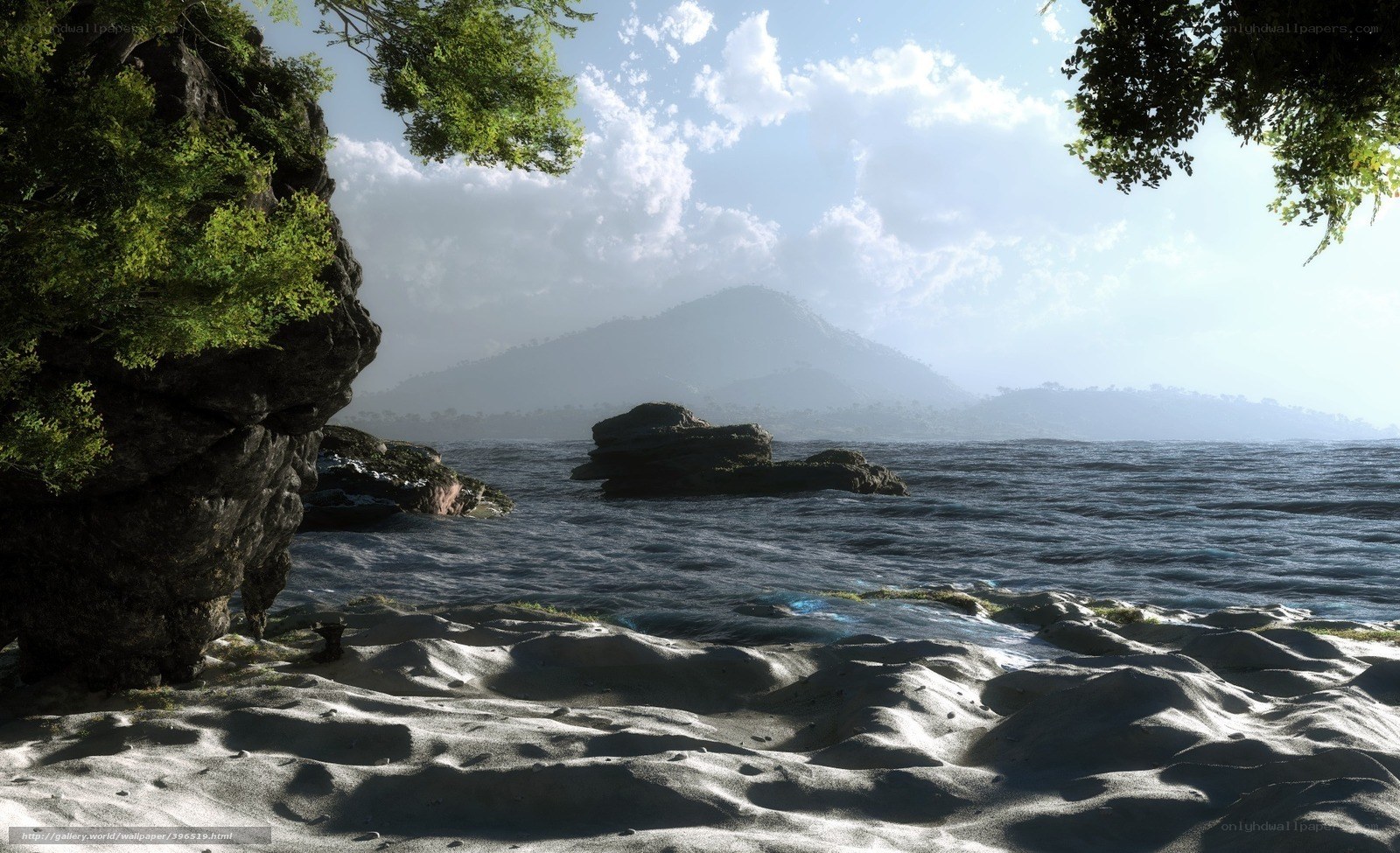 Sandy beach with rocky shore