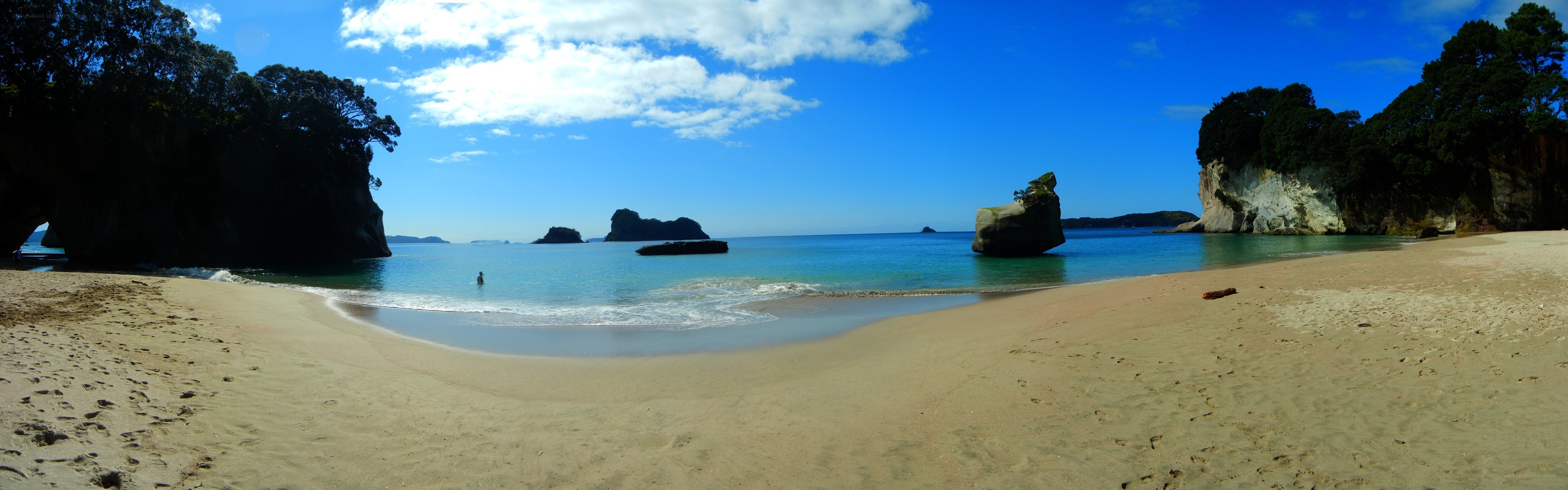 sandy beach with sea stacks