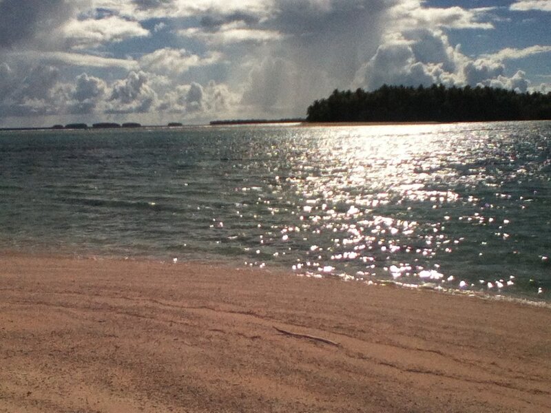 sandy beach with sparkling water