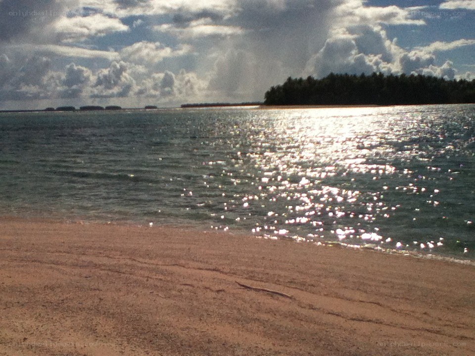 sandy beach with sparkling water