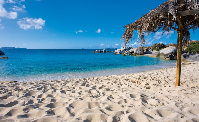 Sandy Beach with Thatched Umbrella — Blue