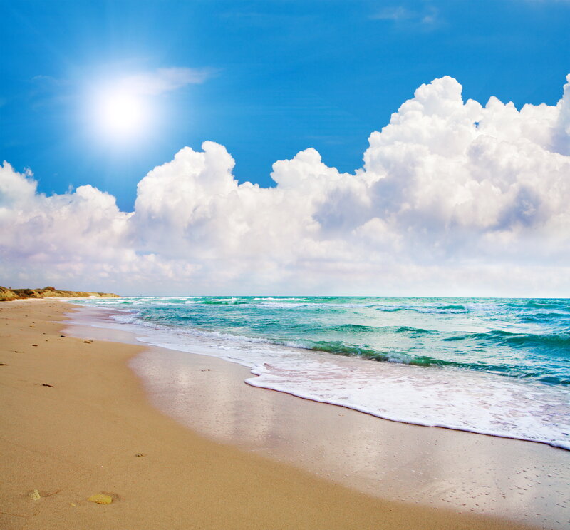 Sandy Beach with Waves — Blue, Serene, Afternoon, Photograph, Sun