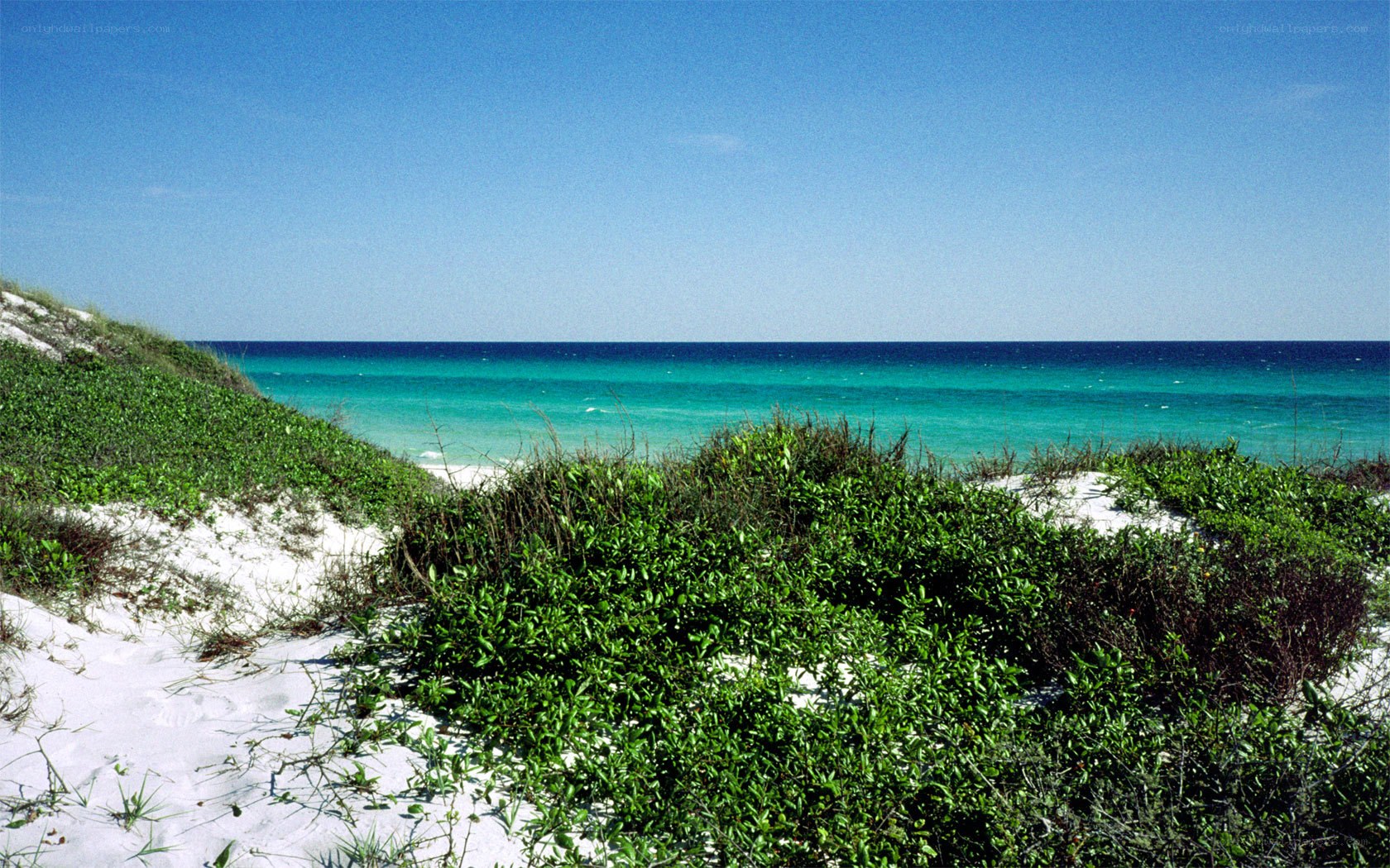 sandy dunes by turquoise sea