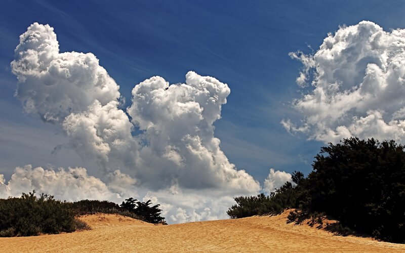 Sandy dunes under cloudy sky