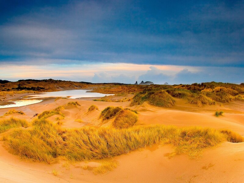 sandy dunes with coastal lagoon