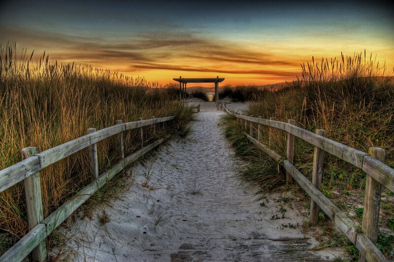 Sandy Path to Beach — Orange, Serene, Sunset, Photograph, Fences