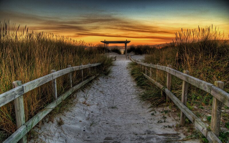 Sandy Path to Beach — Orange, Serene, Sunset, Photograph