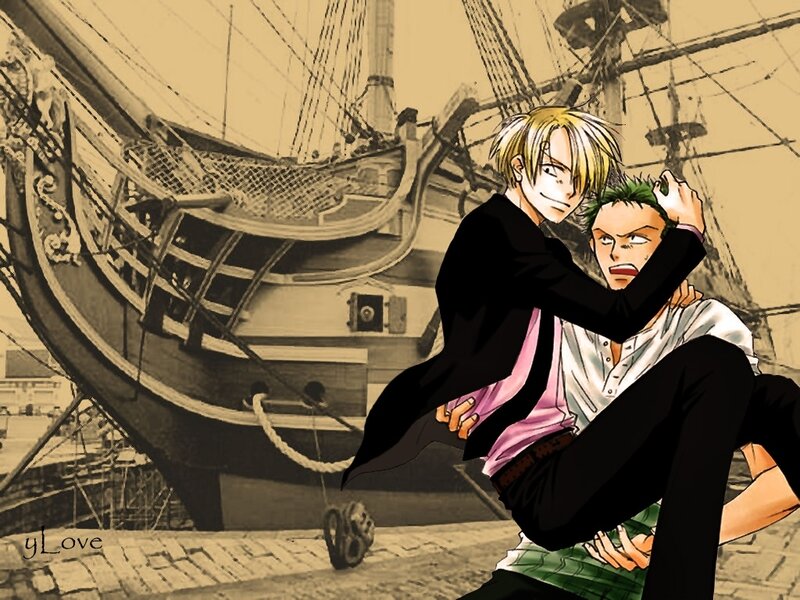Sanji carrying Zoro on a dock