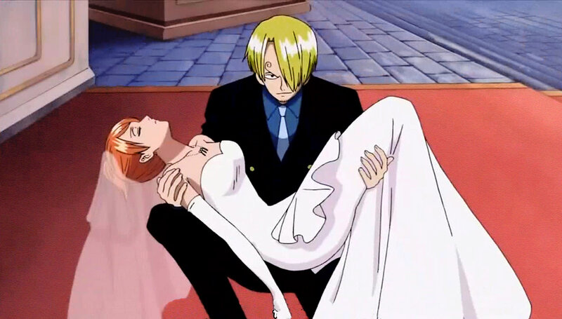 Sanji holding Nami in wedding dress