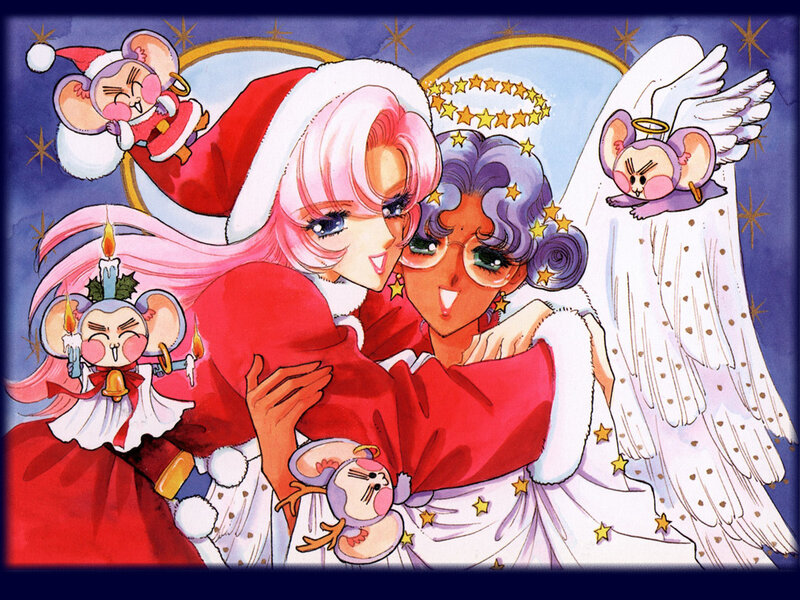 Santa and angel characters hugging
