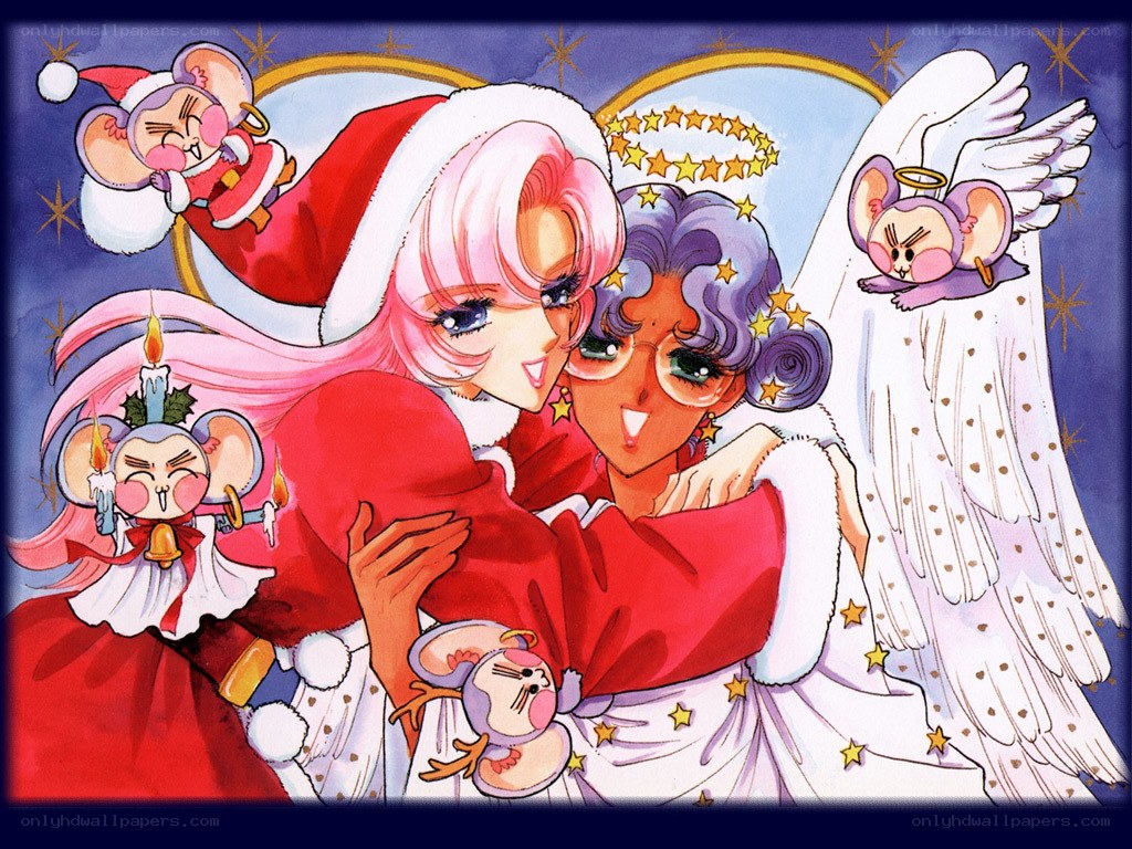 Santa and angel characters hugging