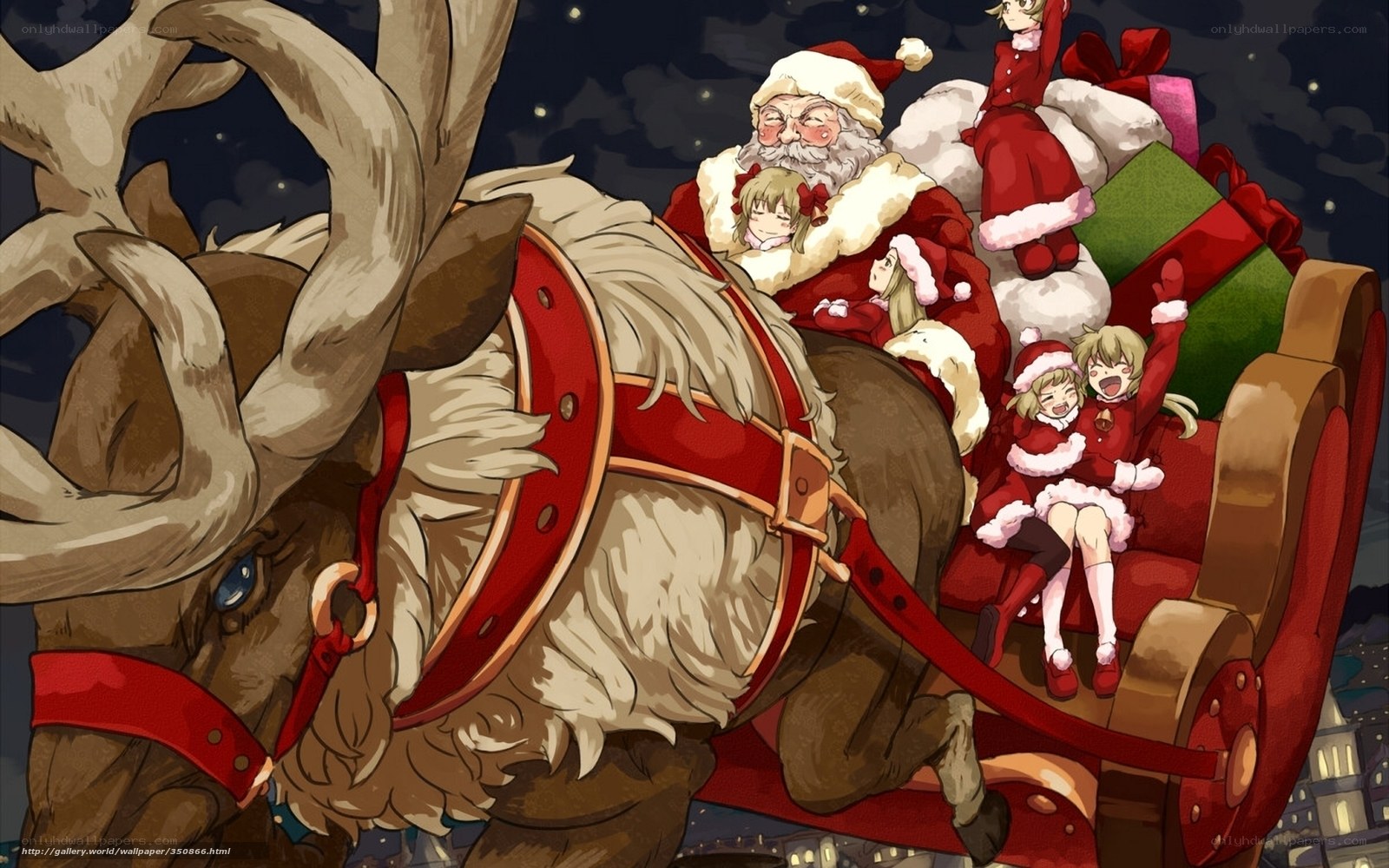 Santa and children in sleigh