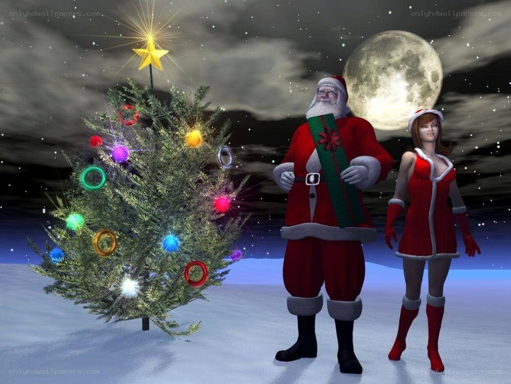 Santa and elf by Christmas tree