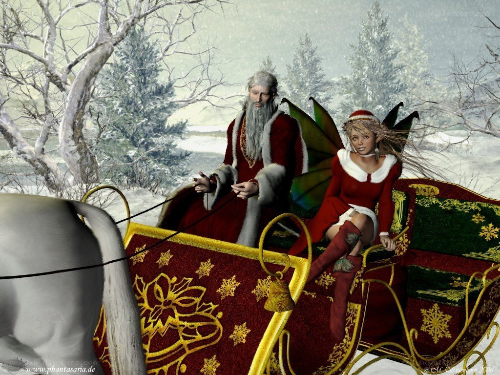 Santa and elf in winter sleigh