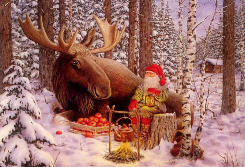 Santa and Moose in Snow