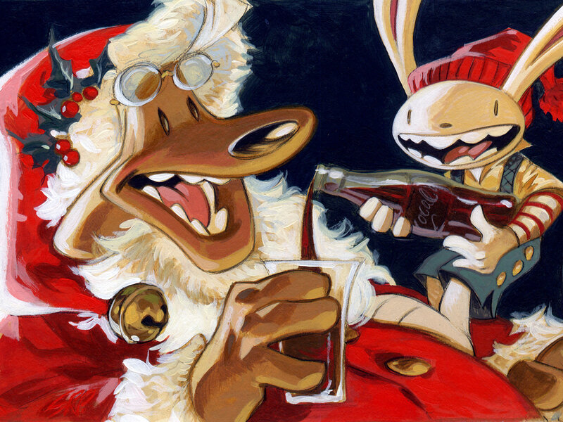 Santa and rabbit drinking soda