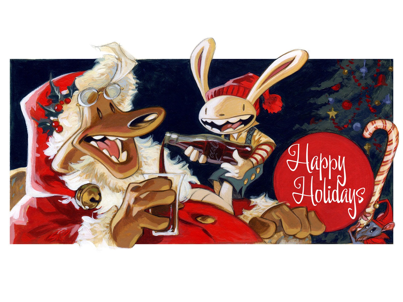 Santa and rabbit holiday card