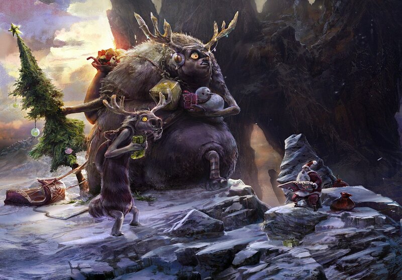 Santa and reindeer in a cave