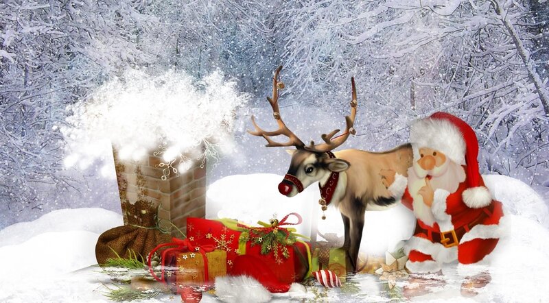 Santa and reindeer in snowy forest