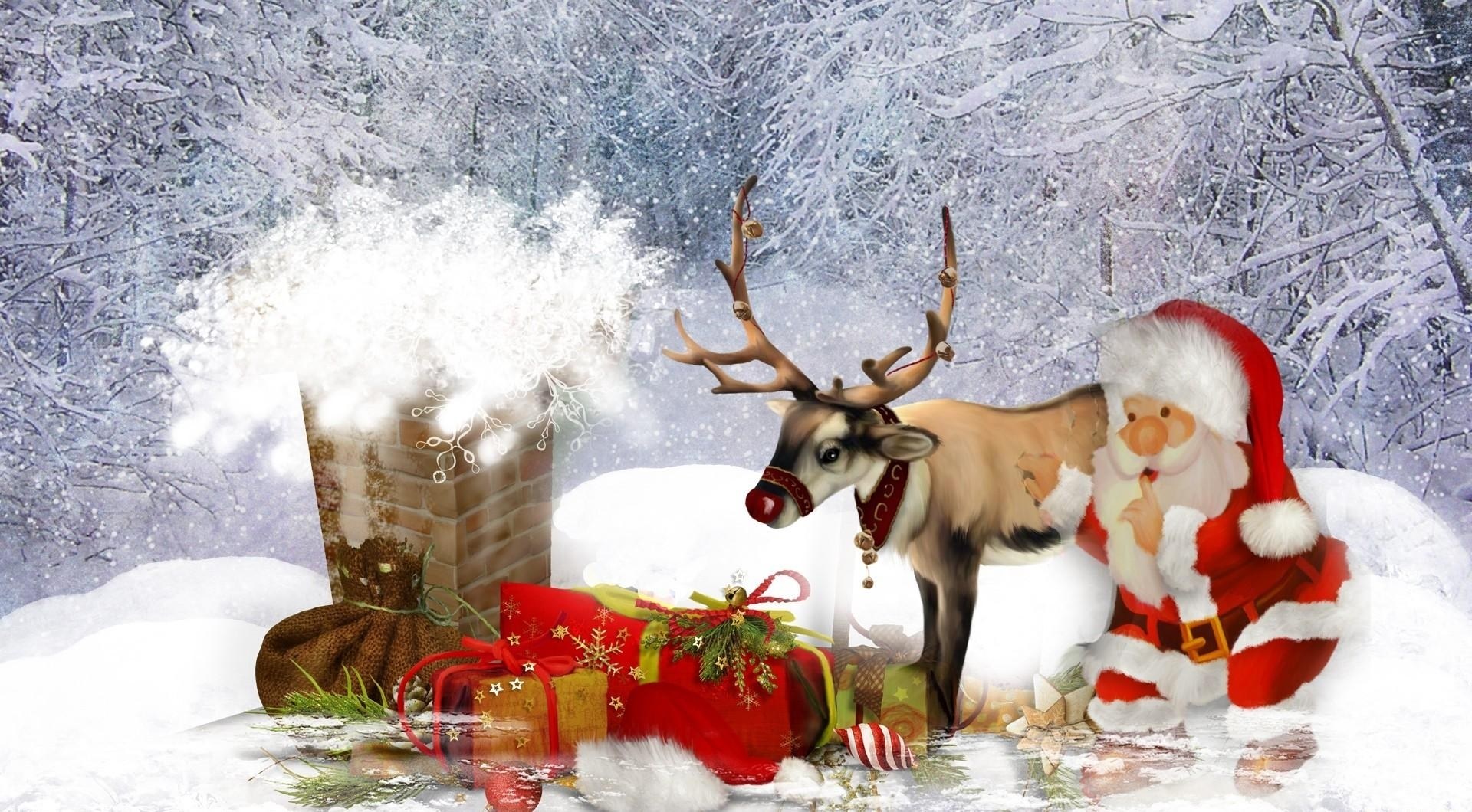 Santa and reindeer in snowy forest