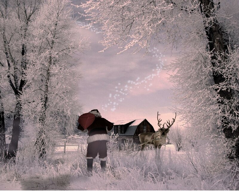 Santa and reindeer in winter