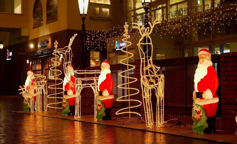 Santa and reindeer lights at night