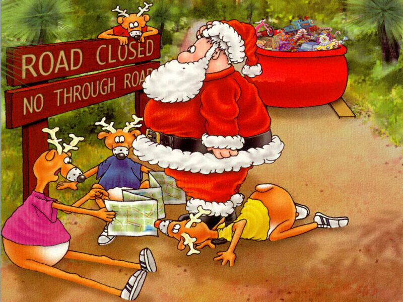 Santa and reindeer on a road trip
