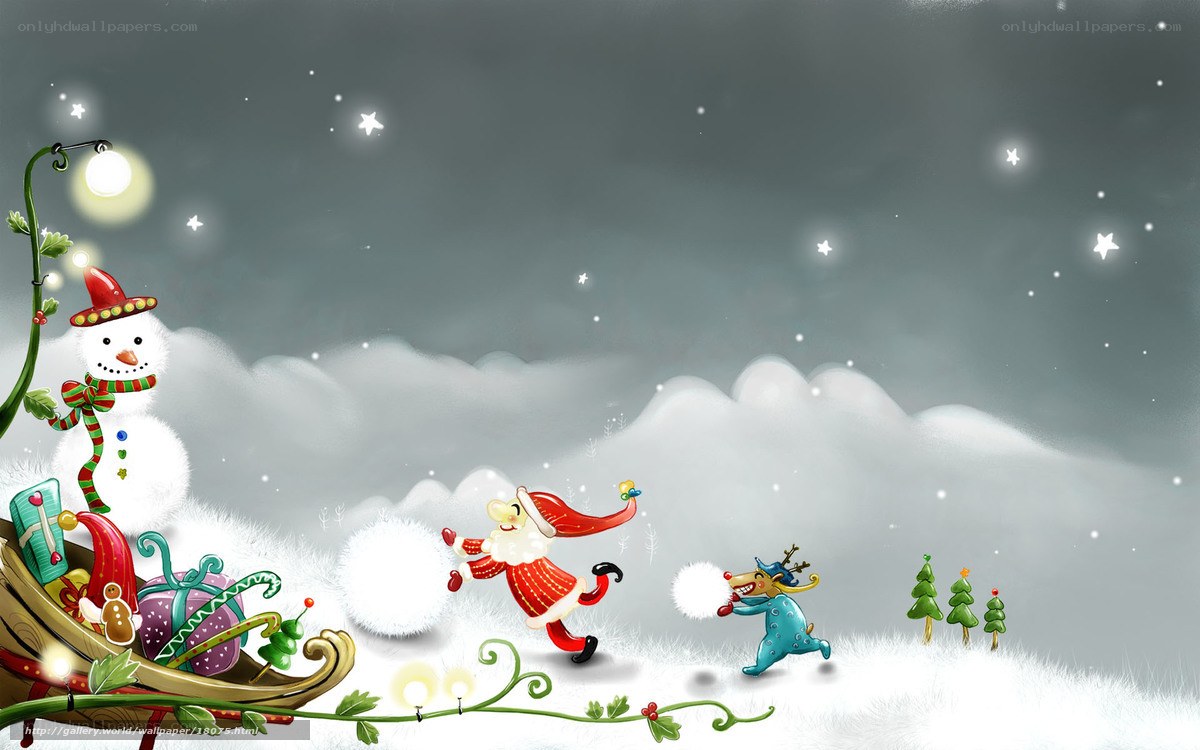 Santa and reindeer play in snow