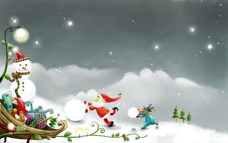 Santa and reindeer snowball fight