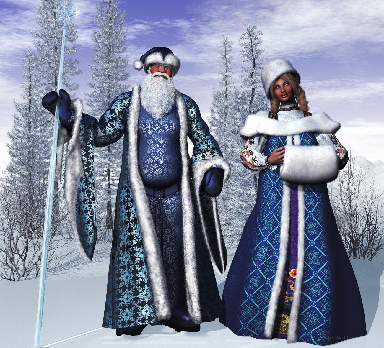 Santa and Snow Maiden in winter
