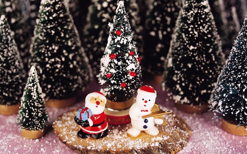 Santa and Snowman Figurines — White, Festive, Winter, Photograph, Christmas Trees, Snow, Gift