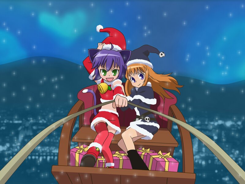 Santa and witch girls on sleigh