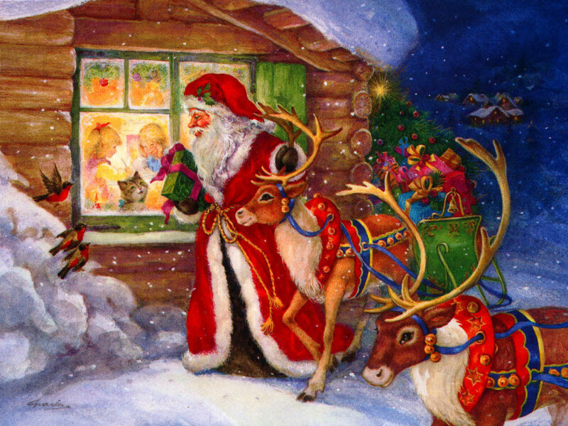 Santa at a snowy cabin
