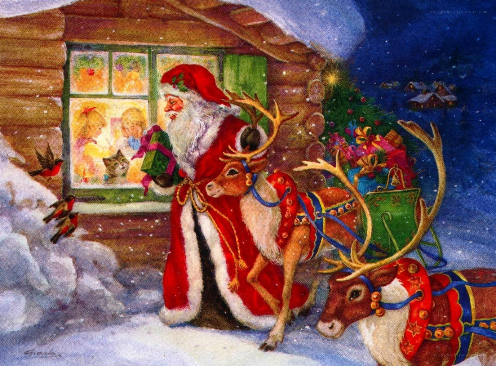 Santa at a snowy cabin