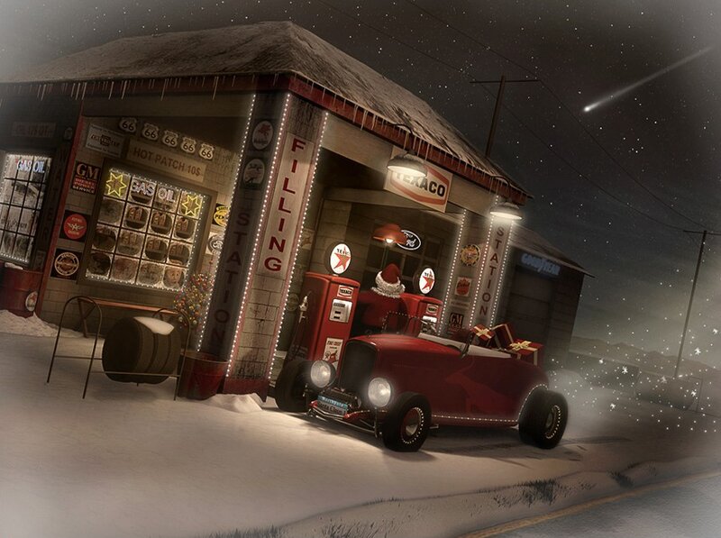 Santa at a snowy gas station