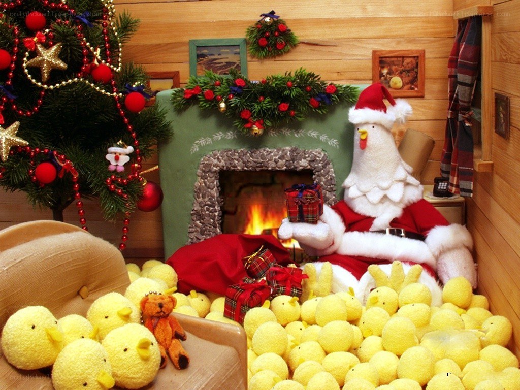 Santa chicken in a cozy cabin