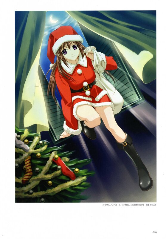 Santa-clad anime girl by window