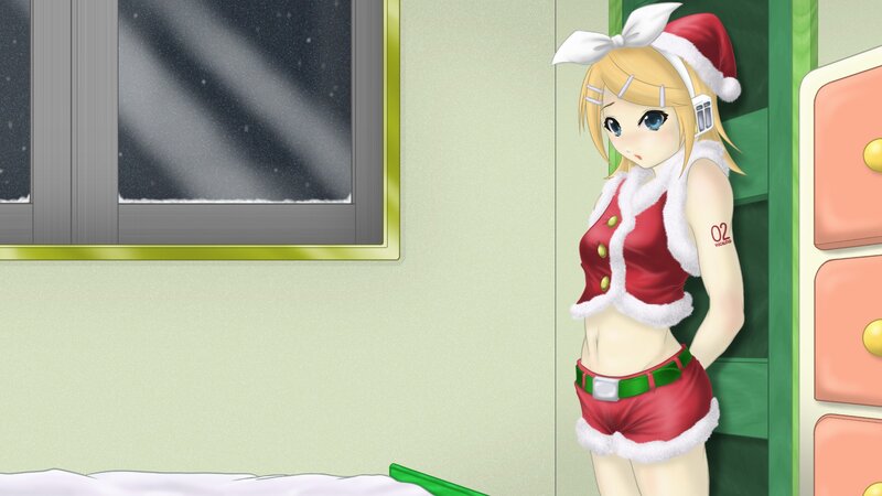 Santa-clad anime girl in room