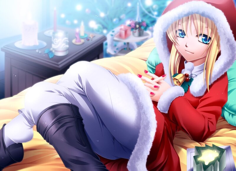 Santa-clad anime girl on bed