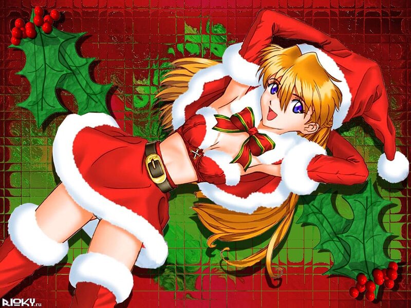 Santa-clad anime girl with holly