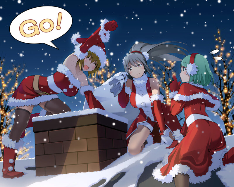 Santa-clad anime girls in snow
