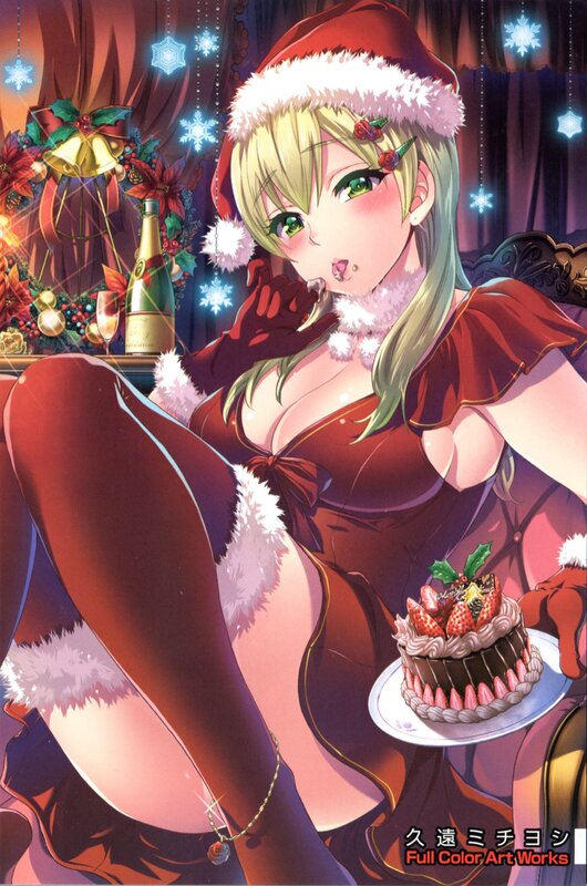 Santa-clad anime woman with cake
