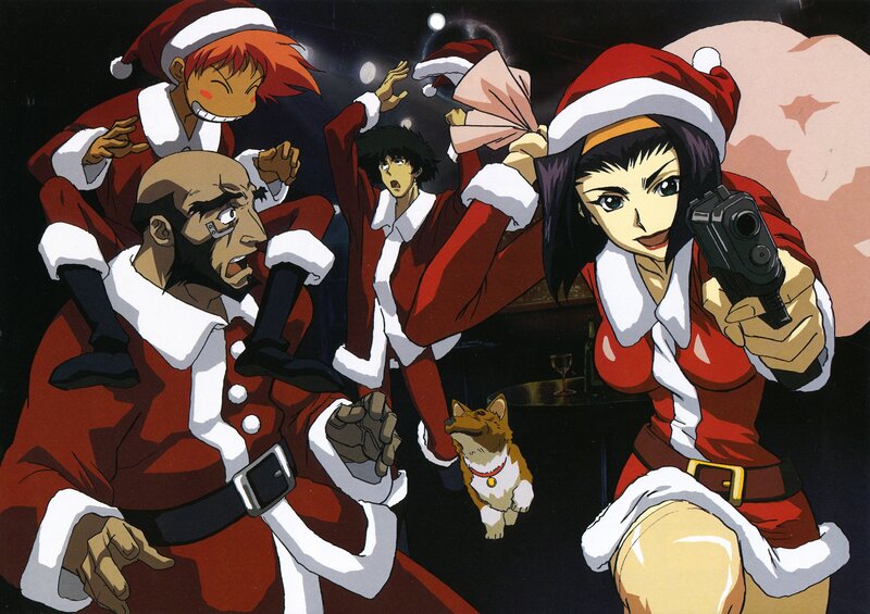 Santa-clad characters in action