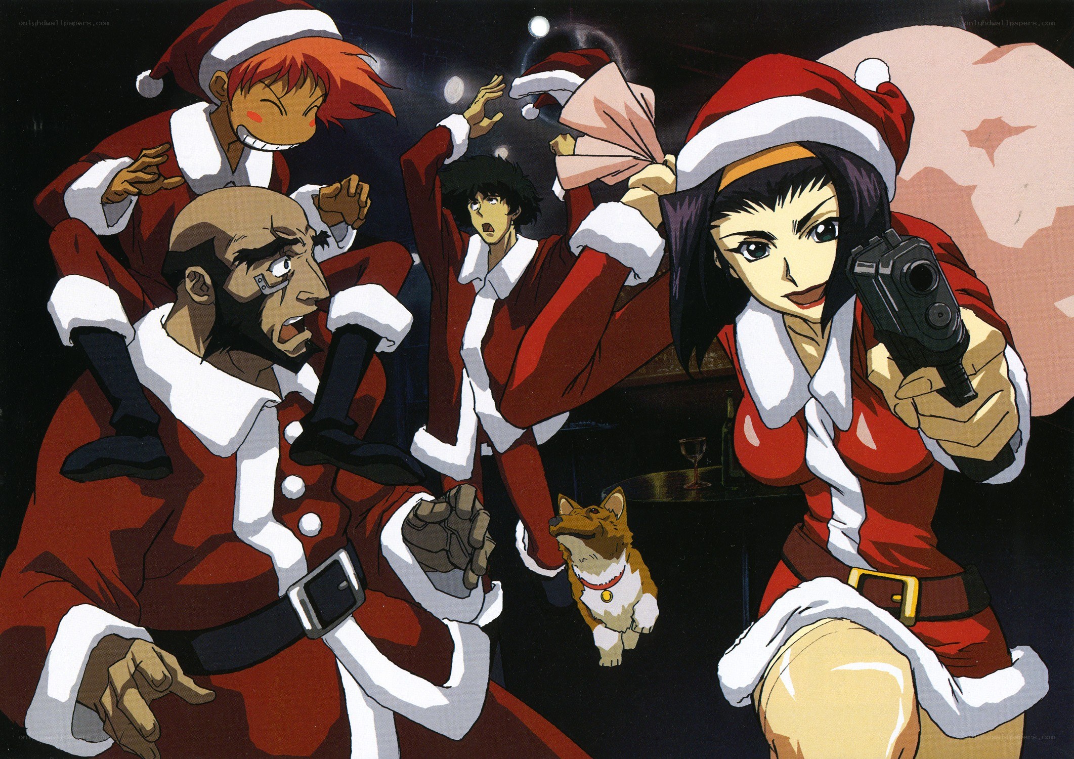 Santa-clad characters in action